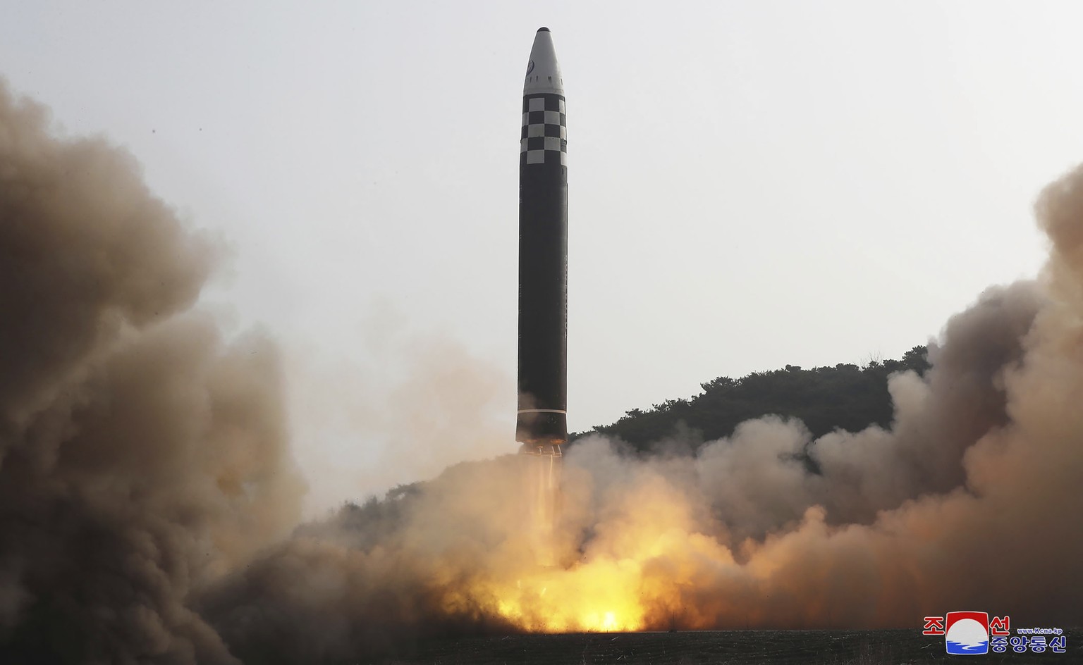 This photo distributed by the North Korean government shows what it says a test-fire of a Hwasong-17 intercontinental ballistic missile (ICBM), at an undisclosed location in North Korea on March 24, 2 ...