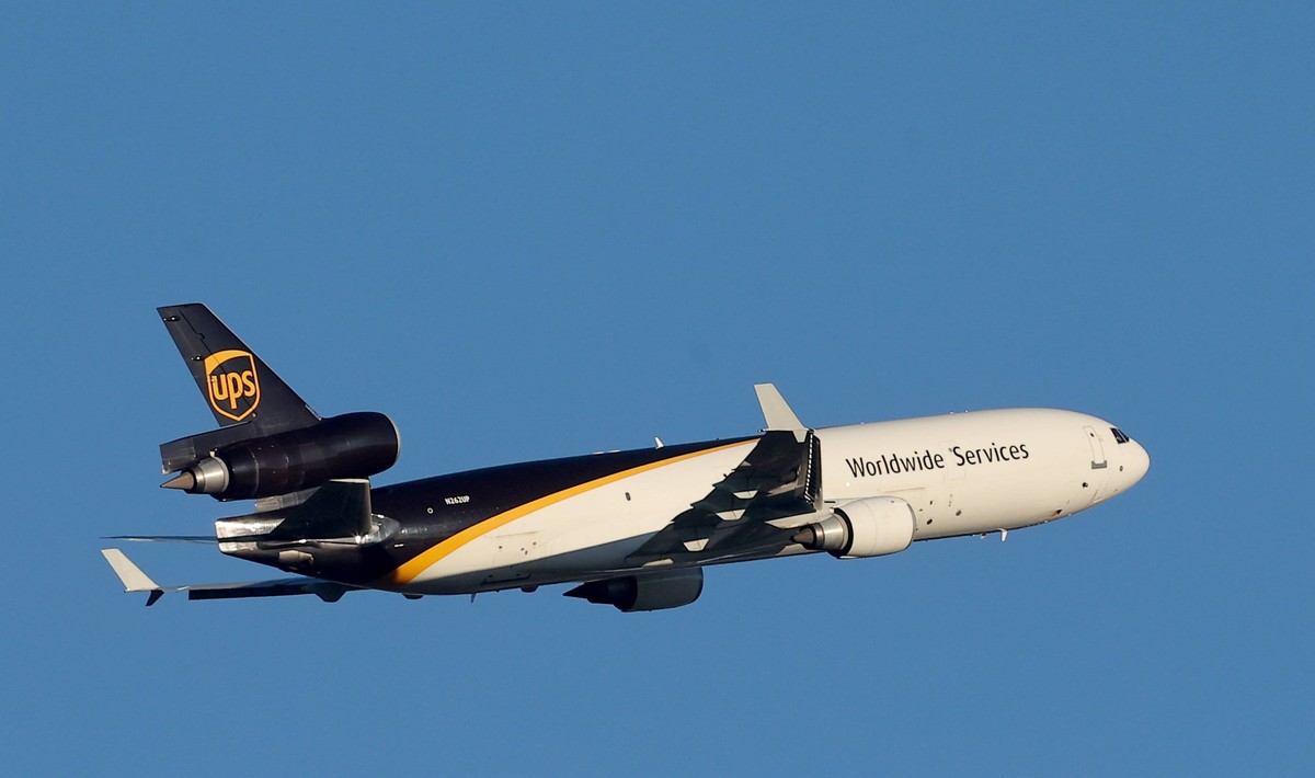 A UPS MD-11 takes off from its World Port facility at the Louisville Muhammad Ali International Airport in Louisville, Kentucky, Thursday, November 6, 2025.