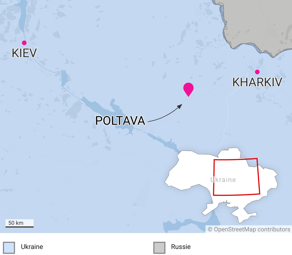 Potlava, Kiev et Kharkiv: carte de situation.