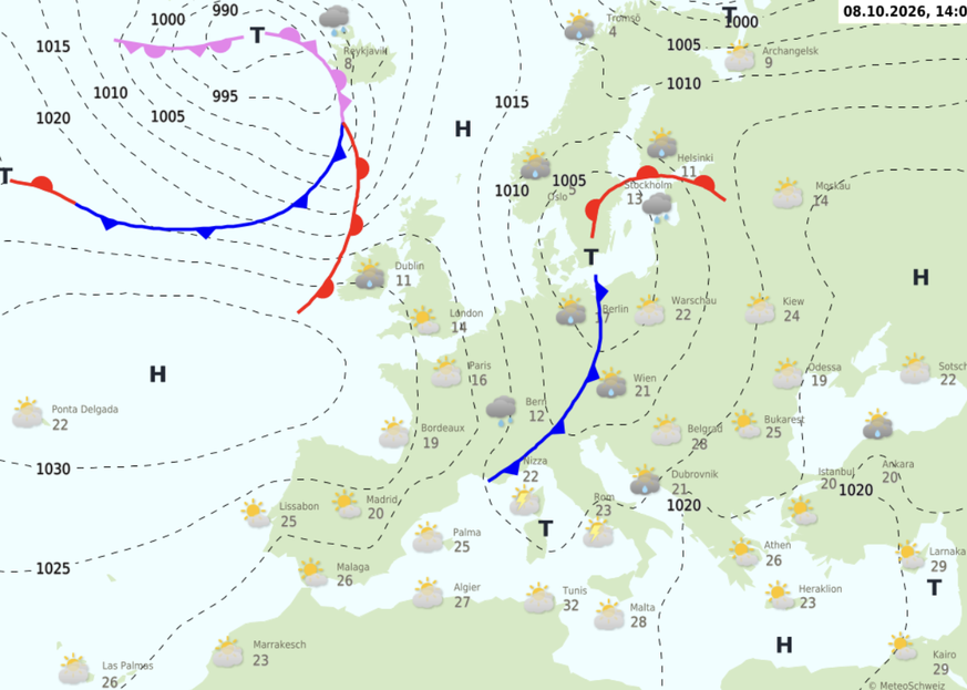 Am Donnerstag zieht ein Tief vom Nordmeer nach Südskandinavien und steuert eine aktive Kaltfront über den Alpenraum hinweg ostwärts.