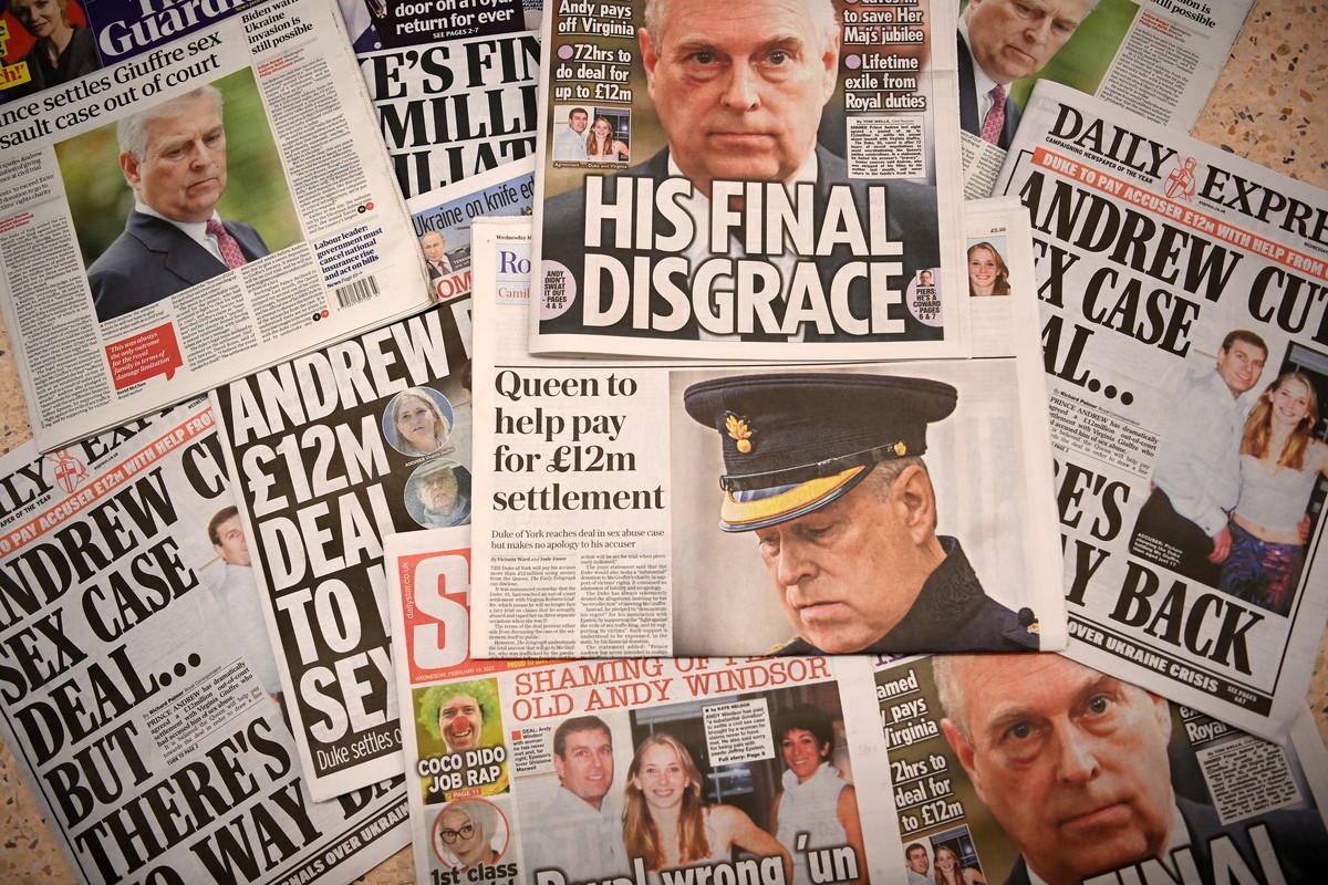 epa09761985 The UK's front pages of the national news papers featuring Prince Andrew in London, Britain, 16 February 2022. Britain's Prince Andrew has settled his sex abuse case with accuser ...