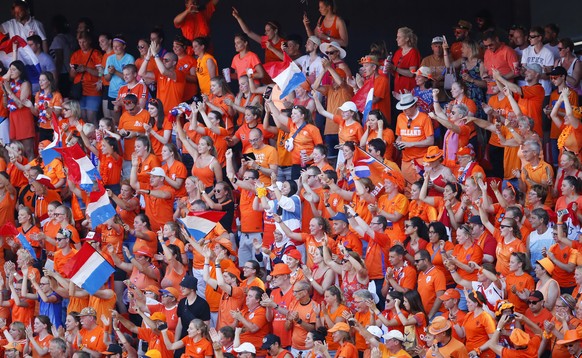 Netherlands fans celebrate at the end of the Women&#039;s World Cup quarterfinal soccer match between Italy and the Netherlands, in Valenciennes, France, Saturday, June 29, 2019. (AP Photo/Francois Mo ...