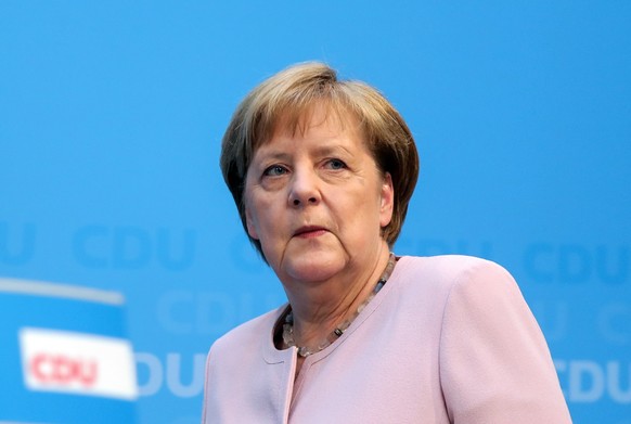 epa07620438 German Chancellor Angela Merkel arrives for a press statement at the party&#039;s headquarters after the resignation of the Social Democratic Party (SPD) chairwoman Andrea Nahles in Berlin ...