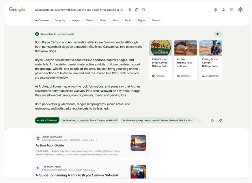 Screenshot shows how Google integrates its generative AI (PaLM 2) into web search.