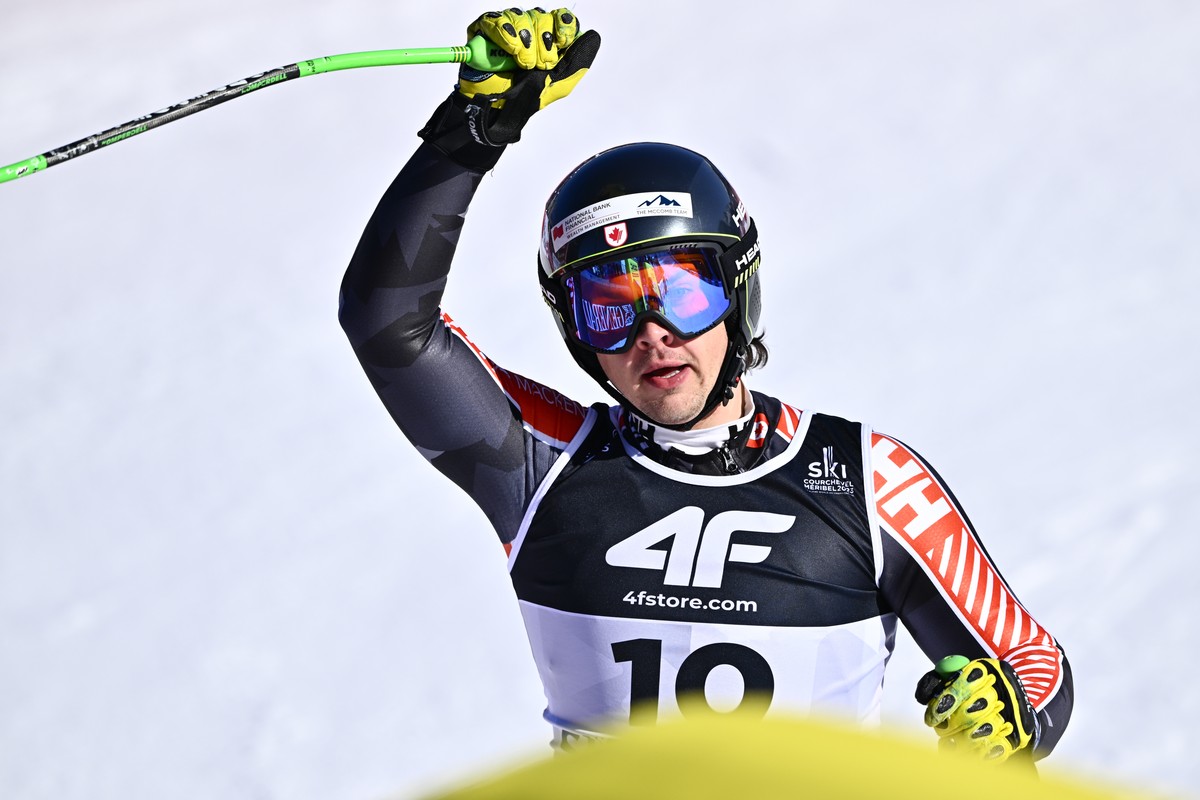 James Crawford of Canada reacts in the finish area during the men's super-g race at the 2023 FIS Alpine Skiing World Championships in Courchevel/Meribel, France, Thursday, February 9, 2023. (KEYS ...