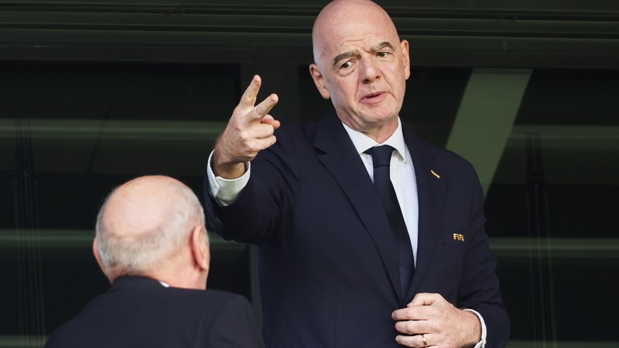 FIFA President Gianni Infantino attends the opening game of the Women's U20 World Cup opening match between Poland and Argentina in Katowice, Poland, Saturday, Sept. 5, 2026. (AP Photo/Beata Zawr ...