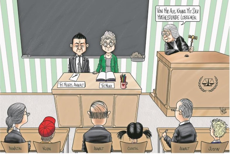Unterricht im Gerichtssaal: Zeichnung von «Schweiz am Wochenende»-Karikaturist Silvan Wegmann.