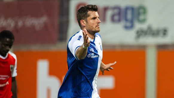 Pascal Schuerpf (GC) celebrates the 2 - 0 goal during the promotion-relegation play-off Super League soccer match Grasshopper Club Z