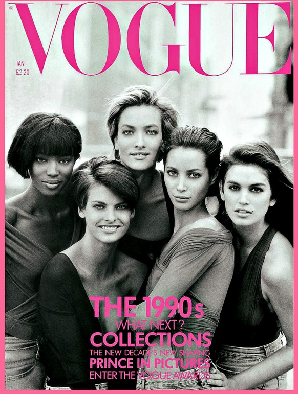 1990: Die Supermodels Naomi Campbell, Linda Evangelista, Tatjana Patitz, Christy Turlington und Cindy Crawford (v.l.).