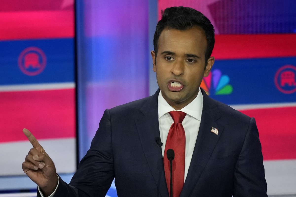 Republican presidential candidate businessman Vivek Ramaswamy speaks during a Republican presidential primary debate hosted by NBC News, Wednesday, Nov. 8, 2023, at the Adrienne Arsht Center for the P ...