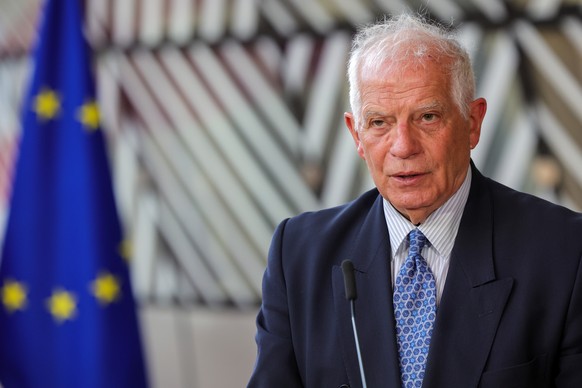 epa10557843 European Union High Representative for Foreign Affairs and Security Policy Josep Borrell speaks to the press ahead of a EU-US Energy Council Ministerial Meeting in Brussels, Belgium, 04 Ap ...