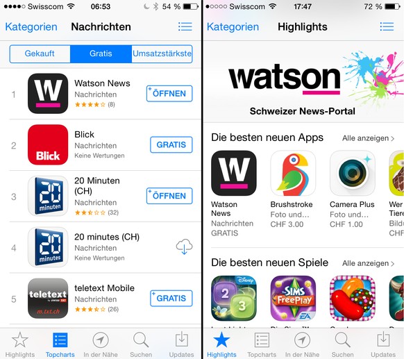 watson: Zurzeit die meistgeladene Nachrichten-App im Schweizer AppStore.