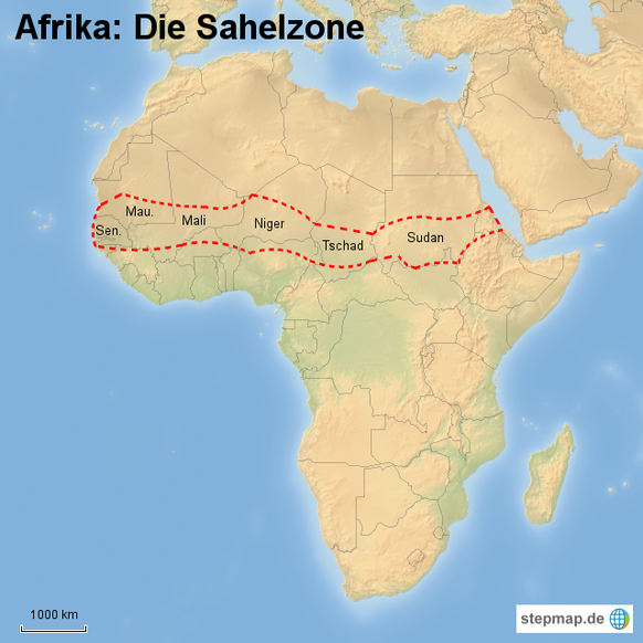 Sahelzone: Die in Afrika liegende langgestreckte Übergangszone vom eigentlichen, sich nördlich anschliessenden Wüstengebiet der Sahara bis zur Trocken- bzw. Feuchtsavanne im Süden.