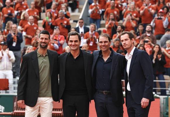 250527 -- BEIJING, May 27, 2025 -- Andy Murray, Rafael Nadal, Roger Federer and Novak Djokovic from R to L pose for a photo during a ceremony held for former Spanish tennis player Rafael Nadal honorin ...