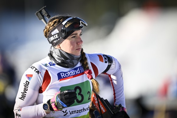 Lena Haecki-Gross of Switzerland during the mixed relay race at the IBU European Open Biathlon Championships, on Sunday, January 29, 2023, in Lenzerheide, Switzerland. (KEYSTONE/Gian Ehrenzeller)