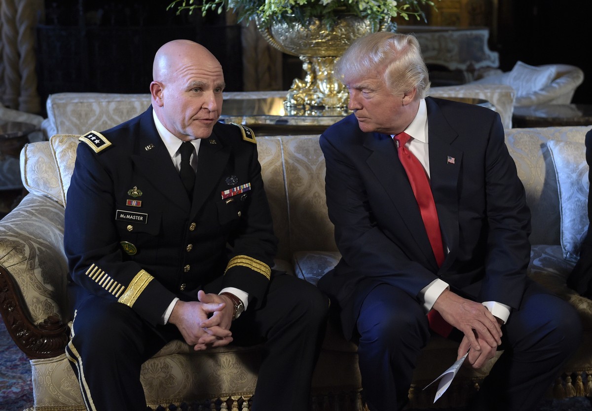 President Donald Trump, right, listens as Army Lt. Gen. H.R. McMaster, left, talks at Trump's Mar-a-Lago estate in Palm Beach, Fla., Monday, Feb. 20, 2017, where Trump announced that McMaster wil ...