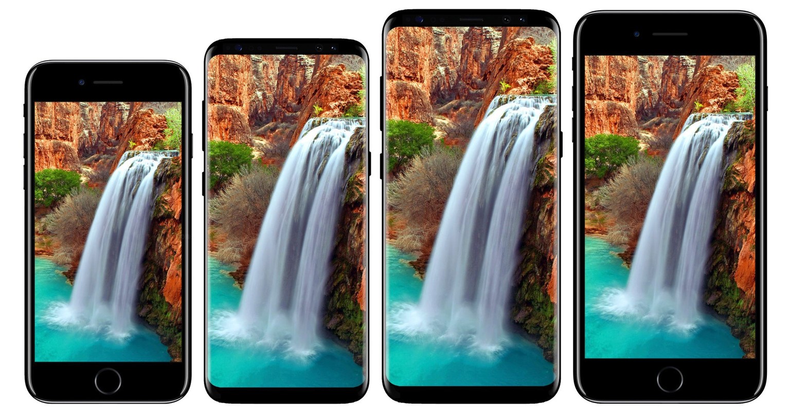 Das iPhone 7 (l.) und 7 Plus (r.) und die neuen Galaxys im Grössenvergleich:&nbsp;Das S8 Plus ist schmaler als ein iPhone 7 Plus verfügt aber über einen viel grösseren Bildschirm.