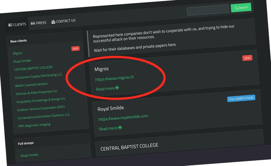 Die Leak-Site der Ransomware-Bande ist über das Anonymisierungs-Netzwerk Tor erreichbar. Dort listen die Kriminellen angebliche Opfer auf, die «nicht zu kooperieren wünschen».