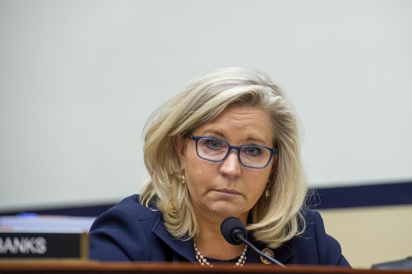 epa09495774 United States Representative Liz Cheney (Republican of Wyoming) questions the panel during a House Armed Services Committee hearing on &#039;Ending the U.S. Military Mission in Afghanistan ...