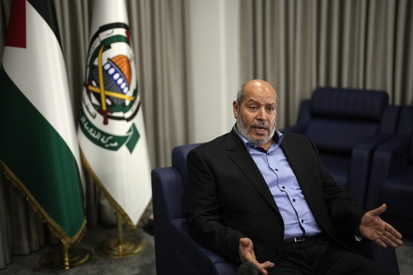 FILE - Khalil al-Hayya, a high-ranking Hamas official who has represented the Palestinian militant group in negotiations for a cease-fire and hostage exchange deal, speaks during an interview with The ...