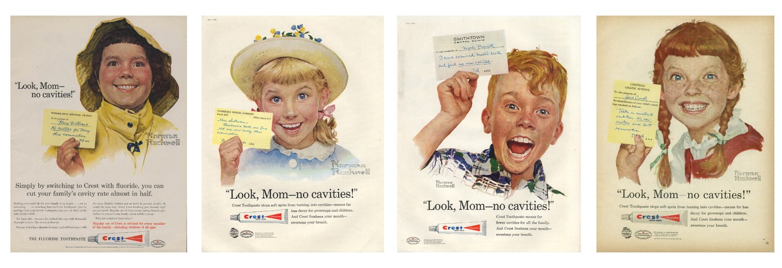 Das Zahnpasta-Lächeln gelächelt von leicht unheimlichen Kindern auf einer Crest-Werbekampagne aus dem Jahr 1959.