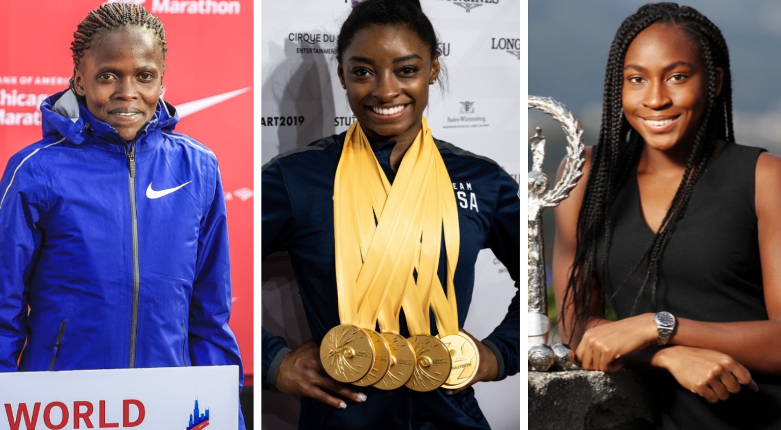 Drei Frauen, die am Wochenende Geschichte schrieben: Brigid Kosgei, Simone Biles und Coco Gauff (von links).