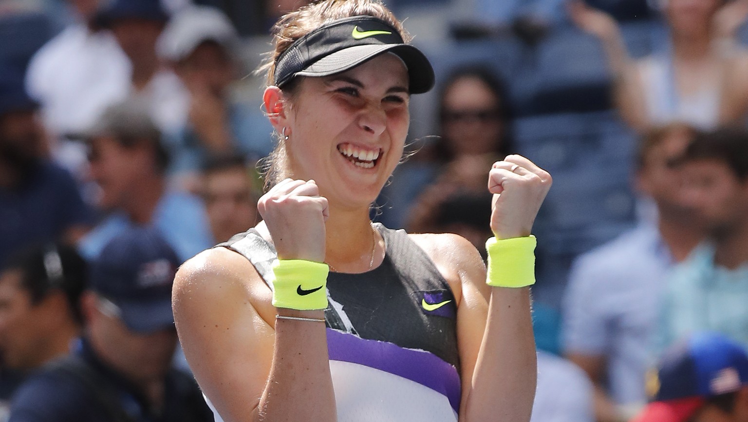 epa07817619 Belinda Bencic of Switzerland celebrates after winning match point against Donna Vekic of Croatia during their match on the tenth day of the US Open Tennis Championships the USTA National  ...