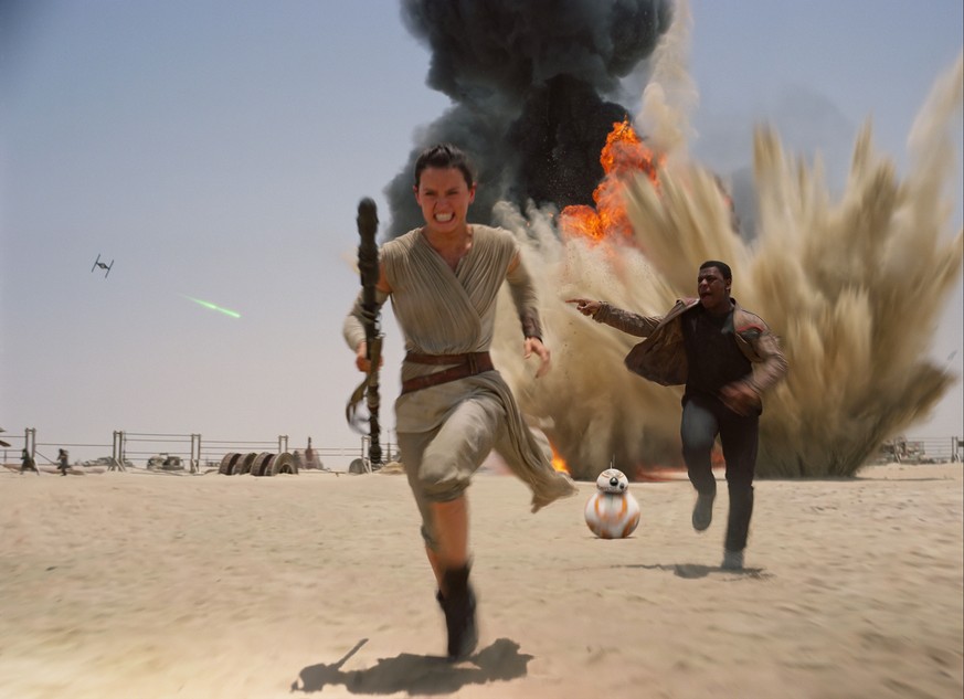 This photo provided by Disney shows Daisey Ridley as Rey, left, and John Boyega as Finn, in a scene from the new film, &quot;Star Wars: The Force Awakens.&quot; Daniel Fleetwood, a 31-year-old Texan w ...