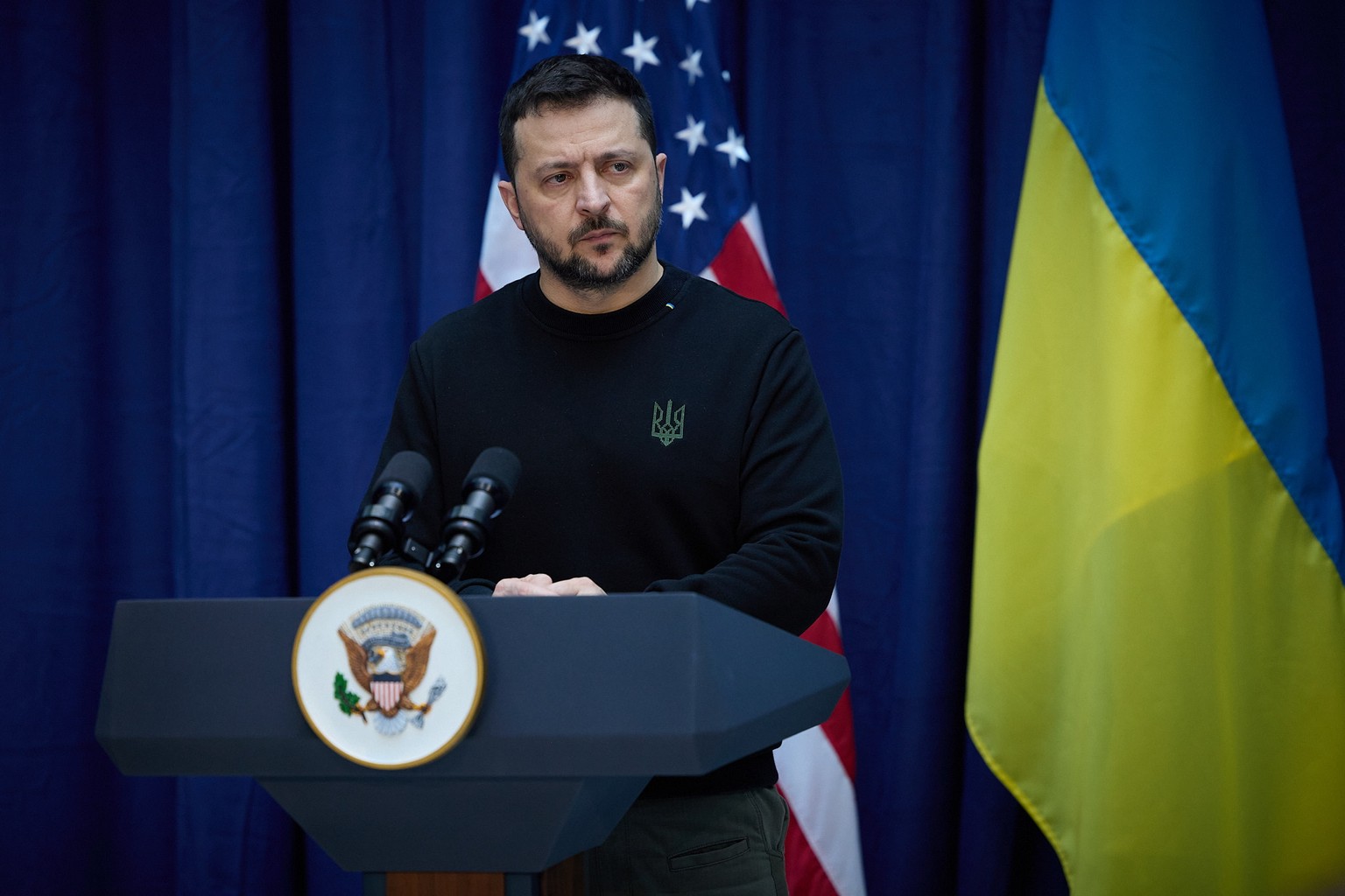epa11161985 A handout photo made available by the Presidential Press Service shows President of Ukraine Volodymyr Zelensky attends a joint press conference with US Vice President Kamala Harris during  ...