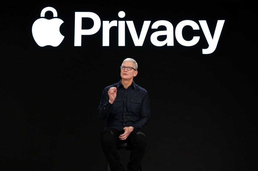 epa09253840 A handout photo made available by Apple showing Apple CEO Tim Cook previews powerful new privacy protections at Apple&#039;s Worldwide Developers Conference at Apple Park in Cupertino, Cal ...