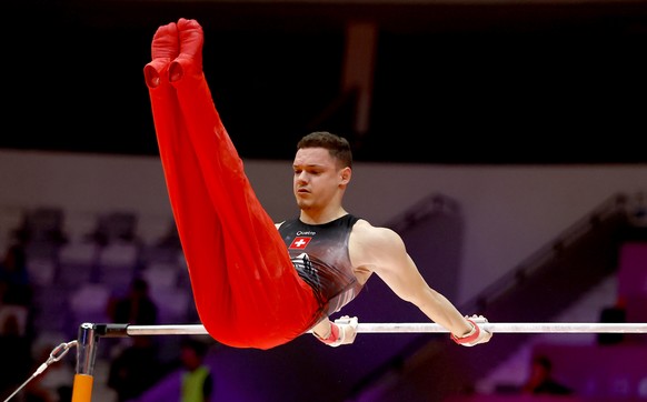 KEYPIX - epa12472557 Noe Seifert of Switzerland performs on the High Bar during the Men's Artistic Gymnastics All-Around Final at the FIG Artistic Gymnastics World Championships 2025 in Jakarta,  ...