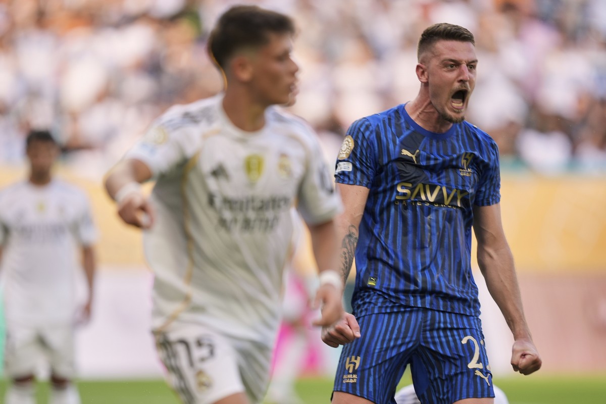 Al-Hilal's Sergej Milinkovic-Savic celebrates a blocked penalty kick during the Club World Cup group H soccer match between Real Madrid and Al Hilal in Miami Gardens, Fla., Wednesday, June 18, 20 ...