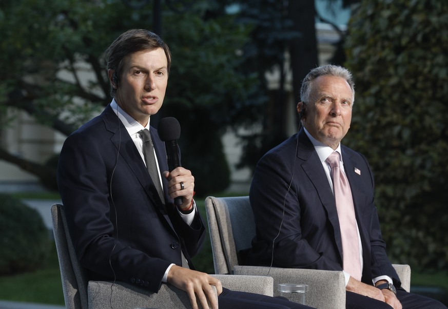epa13218185 US Special Envoy for Peace, Jared Kushner (L), speaks during a joint press conference with Ukrainian President Volodymyr Zelensky (not pictured) and US Special Envoy for Peace Steve Witkof ...