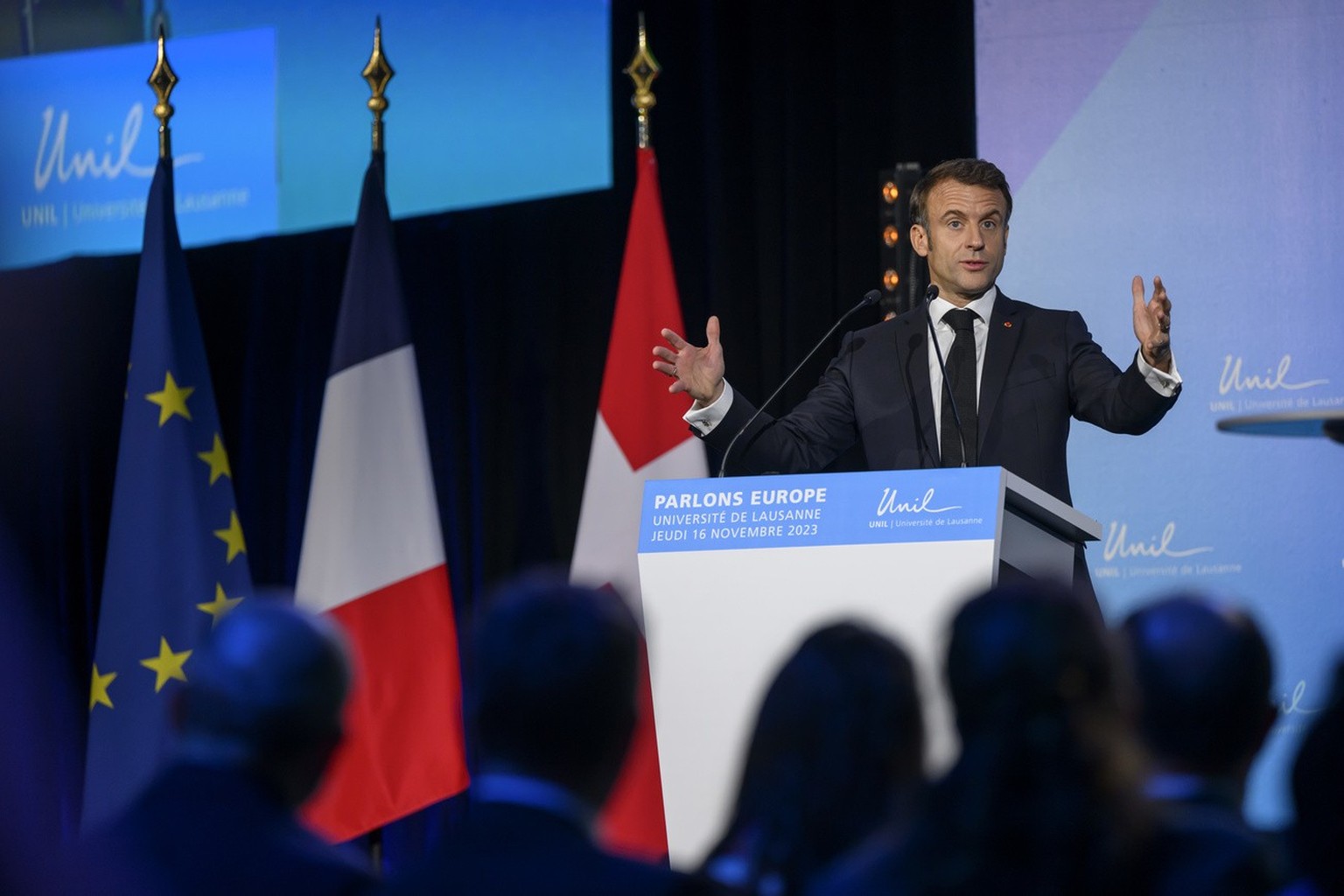 French President Emmanuel Macron delivers his statement during a public conference on the theme &quot;Let&#039;s Talk Europe responding to major current societal issues&quot; at the University of Laus ...