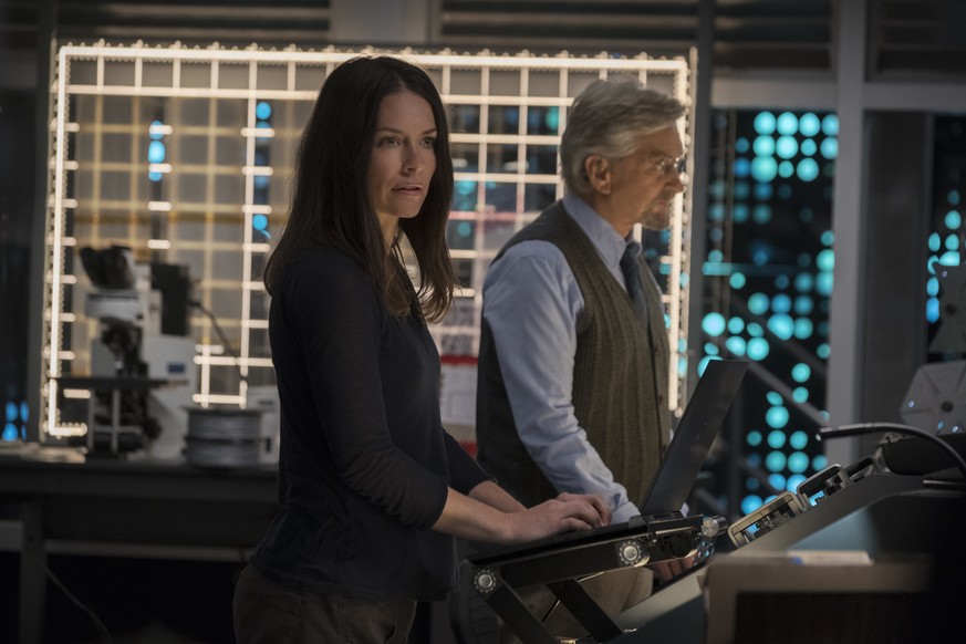 This image released by Marvel Studios shows Evangeline Lilly and Michael Douglas in a scene from &quot;Ant-Man and the Wasp.&quot; (Disney/Marvel Studios via AP)