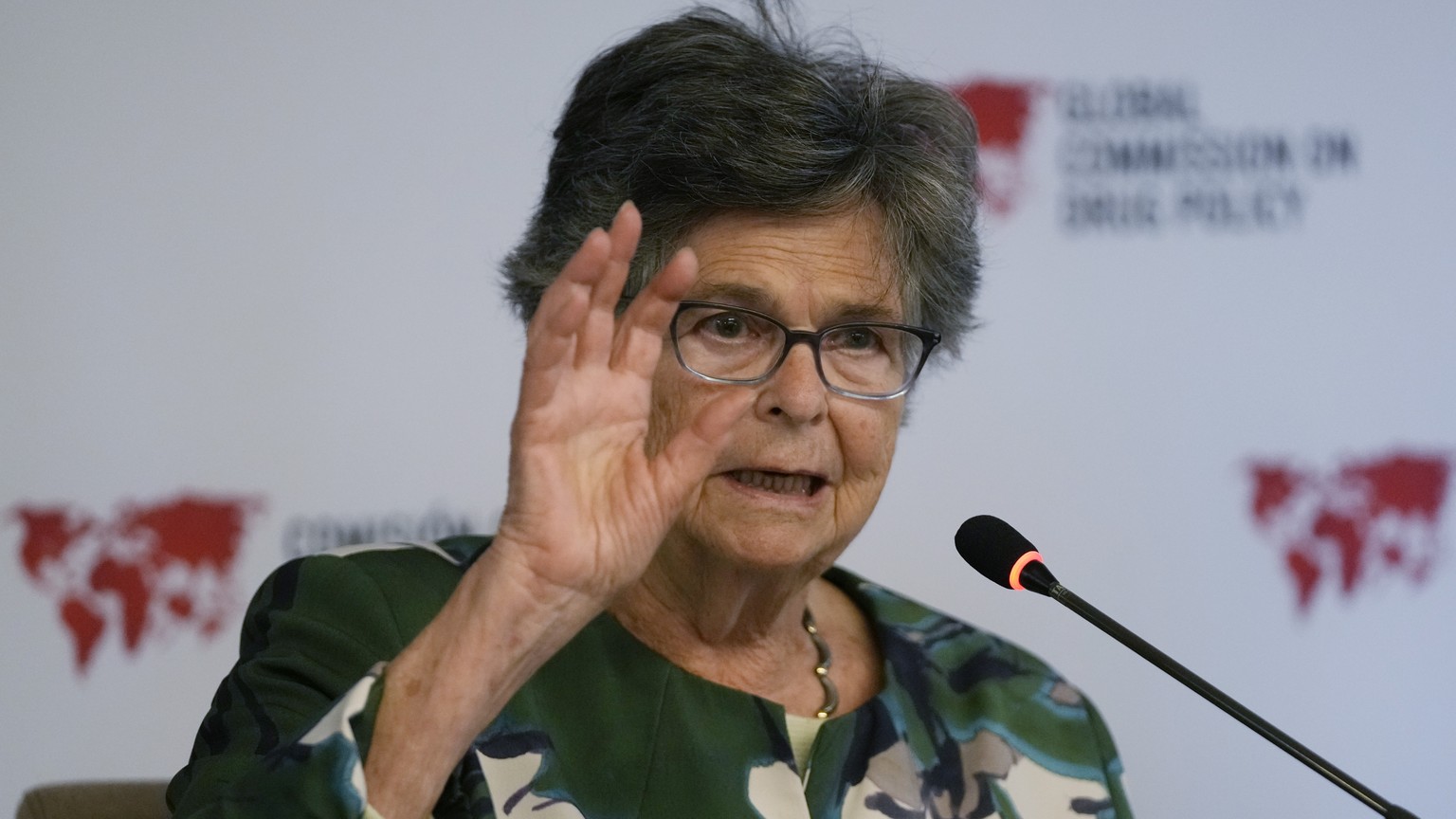 Former Swiss President Ruth Dreifuss talks to the media during a Global Commission on Drug Policy presentation, in Bogota, Colombia, Wednesday, Nov. 9, 2022. Reforming drug policy in Colombia would in ...