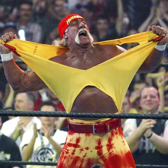 FILE - in this April 3, 2005, file photo, Hulk Hogan fires up the crowd between matches during WrestleMania 21 in Los Angeles. (AP Photo/Chris Carlson, File)
Hogan Greatest Wrestling Moments