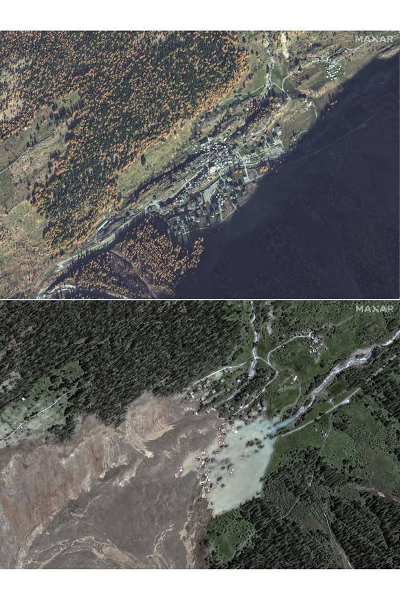 This combo shows the village of Blatten, in Switzerland, on Nov. 3, 2024, top, and on Thursday, May 29, 2025, bottom, after suffering a mudslide. (Maxar Technologies via AP)