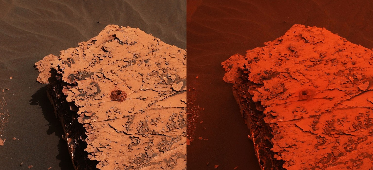 Wie stark ein Sandsturm die Lichtverhältnisse ändert, zeigen diese beiden Aufnahmen eines Steins, die Curiosity am 21. Mai (l.) und am 17. Juni (r.) dieses Jahres machte. Das gut sichtbare Loch hatte Curiosity zuvor in den Stein gebohrt.&nbsp;&nbsp;