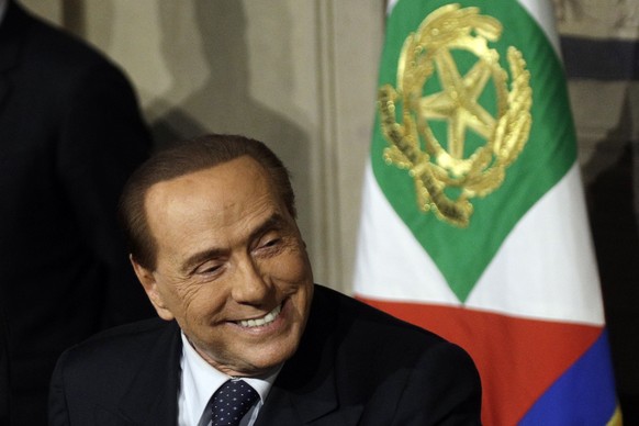 In this picture taken April 12, 2018, Forza Italia (Go Italy) party leader Silvio Berlusconi meets journalists at the Quirinale presidential palace after talks with Italian President Sergio Mattarella ...