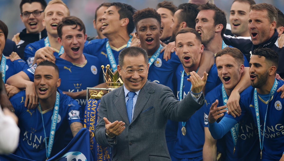 epa07125845 (FILE) - Leicester City's owner Vichai Srivaddhanaprabha (C) reacts after lifting the Premier League trophy after the English Premier League match between Leicester City and Everton a ...