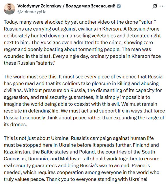 Wolodymyr Selenskyj spricht auf x.com von russicher «Safari» und veröffentlichte dazu ein Video.