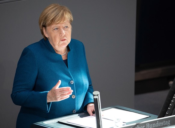 epa07099625 German Chancellor Angela Merkel delivers a statement at the German Parliament, the Bundestag, in Berlin, Germany, 17 October 2018. Merkel gave a government statement regarding the European ...