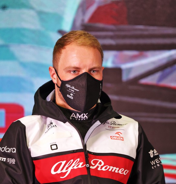 epa09783921 Finnish Formula One driver Valtteri Bottas of Mercedes AMG F1 attends the FIA Press Conference during the pre-season running sessions held at the Circuit de Barcelona-Catalunya racetrack i ...