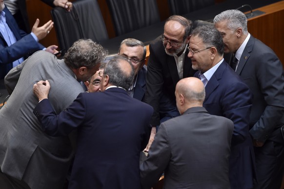 epa10690024 Lebanese MPs speak prior to the start of the twelfth parliamentary session to elect a new president of Lebanon, at the Parliament building in Beirut, Lebanon, 14 June 2023. The members of  ...