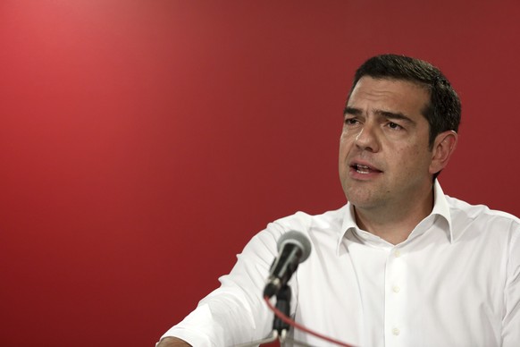 Greece&#039;s Prime Minister Alexis Tsipras makes statements at the Syriza party headquarters in Athens on Sunday, May 26, 2019. Tsipras calls for a snap national election following European election  ...