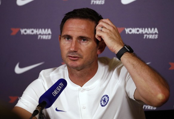 Chelsea&#039;s manager Frank Lampard speaks at a media conference at the teams training ground in Cobham, England, Friday, Aug. 9, 2019. Chelsea play Manchester United in Manchester on Sunday in their ...