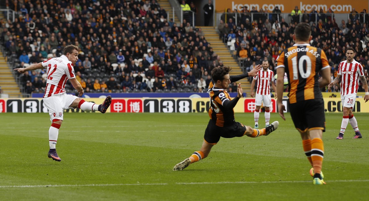 Britain Soccer Football - Hull City v Stoke City - Premier League - The Kingston Communications Stadium - 22/10/16
Stoke City's Xherdan Shaqiri scores their first goal 
Action Images via Reuter ...