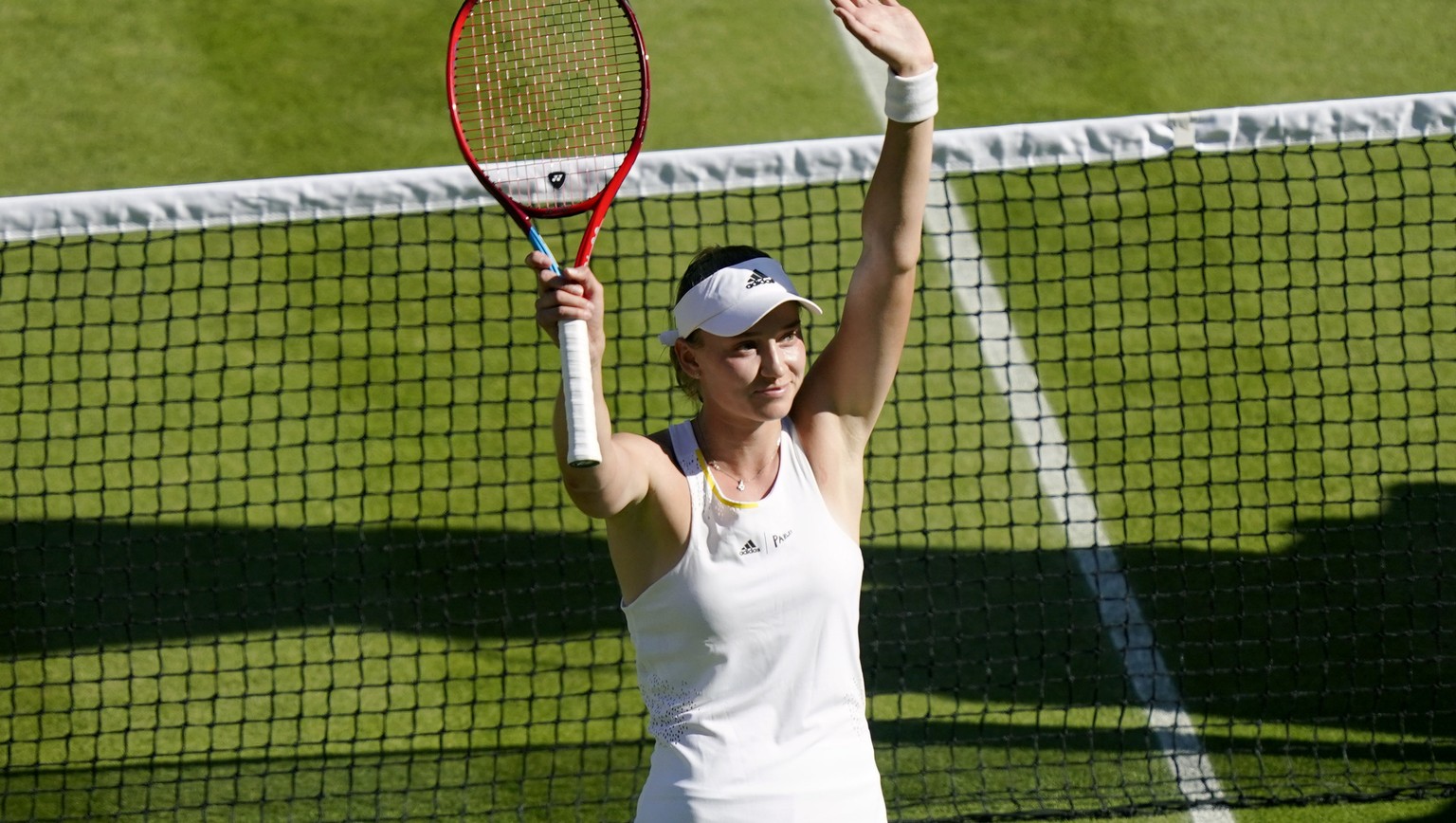 Kazakhstan&#039;s Elena Rybakina reacts to winning against Romania&#039;s Simona Halep in a women&#039;s singles semifinal match on day eleven of the Wimbledon tennis championships in London, Thursday ...