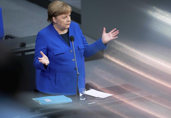 German Chancellor Angela Merkel (CDU) takes part in the government survey in the Bundestag in Berlin, Germany, Wednesday, May 13, 2020. The agenda of the 159th session of the German Bundestag includes ...